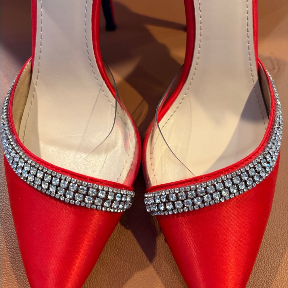 Elegant Red Satin Heels with Rhinestone Accents - Picture 3 of 12